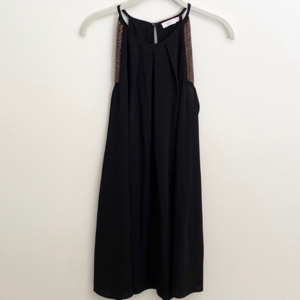 Lush Black Pleated Front Beaded Trim Tank Dress